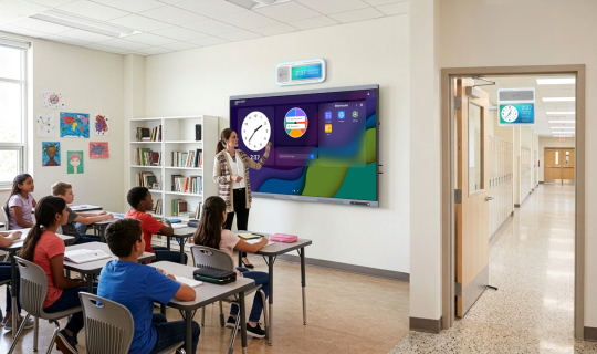 Estudiantes y docente con una pantalla interactiva Clevertouch de Boxlight